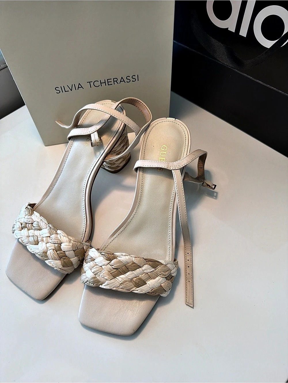 Guess Saylin Block Heel Platform Sandals Beige & White